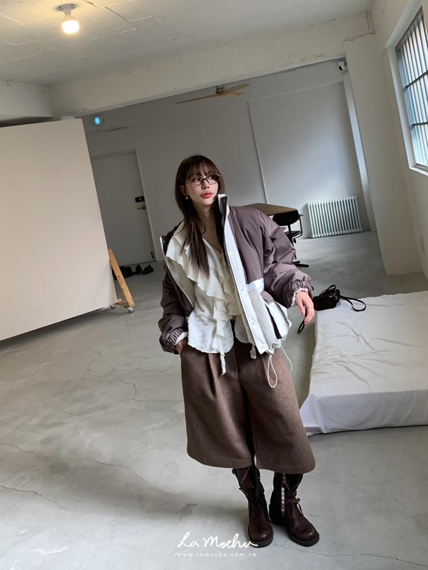 澎澎口袋拼色抽繩外套